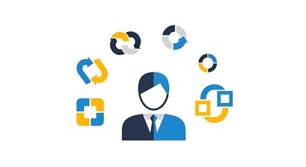 Fototapeta premium Strategic Business Manager Overseeing Complex Processes and Workflow Optimization, Represented by a Professional Figure Surrounded by Dynamic Cycle Icons