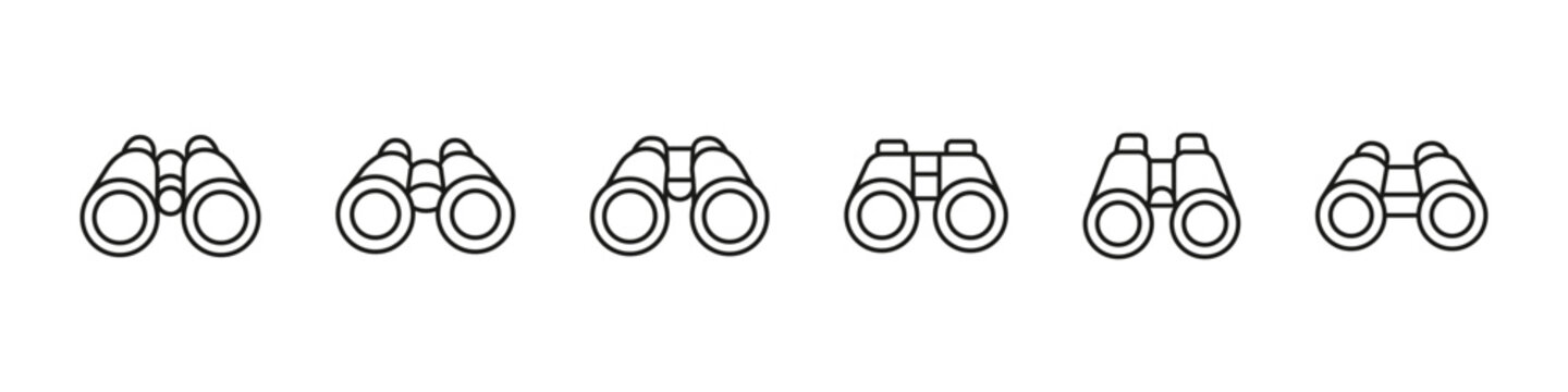 Binoculars line icon set. Optical observation device outline symbols. Vision and magnification linear icon collection for search, surveillance, exploration, monitoring or viewing concepts.