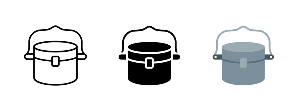 Camping cooking pot icon. Military and camping cooking pot for outdoor food preparation. Metal cookware for hiking, army and survival use. Portable cooking pot illustration.