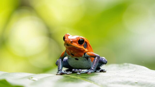 Vibrant Strawberry Poison Dart Frog Perched on a Leaf in Tropical Rainforest.