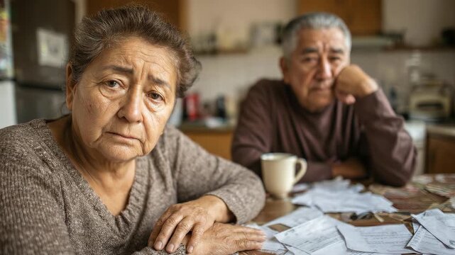 Worried senior couple at table. Facing financial hardship, bills scattered. Sadness, stress and worry. Mature Hispanic man and woman. Domestic scene, indoor setting. Family concerns and expenses.
