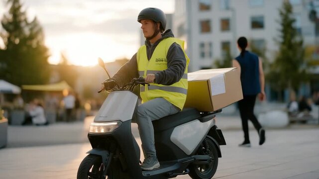 A delivery person in a reflective vest skillfully maneuvers their electric scooter down a crowded sidewalk, ensuring they remain visible to pedestrians and vehicles as the sun sets behind them.
