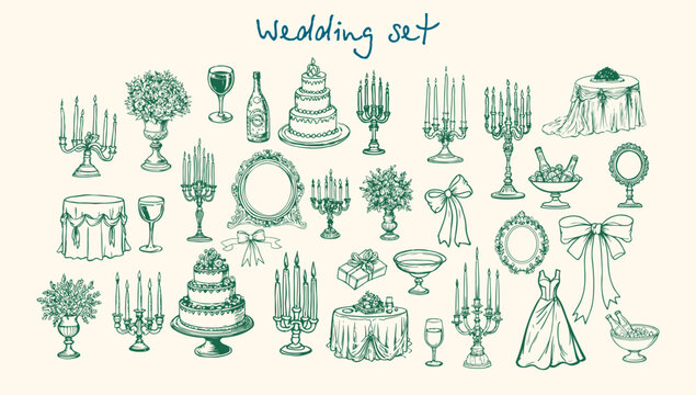 Romantic Dinner and Wedding Elements Set. Candelabra, Wine and Flowers Bouquet, Cake Line Drawing for Wedding Invitations, Poster, Menus, Parties, Restaurant Design in Hand Drawn Sketch Style.