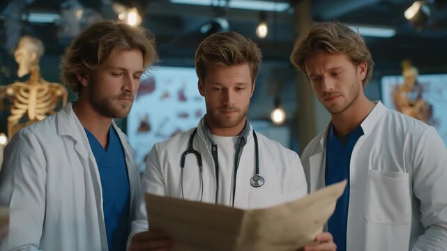 A group of orthopedic specialists collaborates over a complex case study, surrounded by medical charts and anatomy models, showcasing teamwork in a hospital conference room. cinematic color