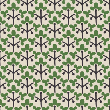 Seamless folk botanical pattern. Hand drawn stylized plants in green and neutral tones. Decorative design for wallpaper, fabric, and interiors. Vector illustration.