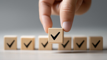 Checklist Survey and assessment concept, human hand putting cube wood with Check mark icon on wooden blocks