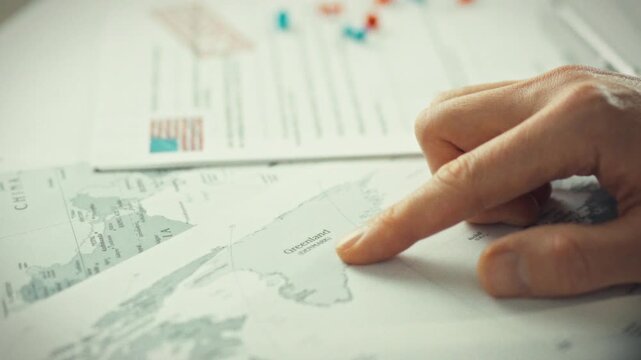 A civil servant points to Greenland on a large, detailed world map surrounded by documents, with colorful pins marking various locations, and intricate topography depicted