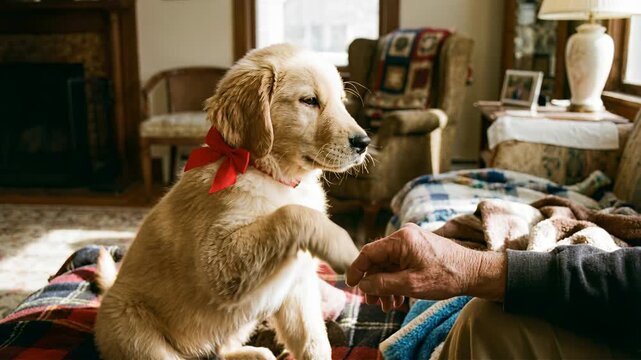 A dog wearing a red bow is sitting on a bed next to a person. The dog is looking up at the person, possibly waiting for a treat or a pat on the head