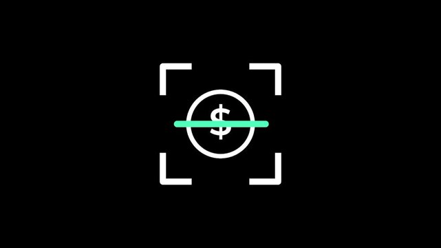 The graphic illustrates a currency coin being analyzed by a scanning beam to represent financial transaction verification or coin authentication.