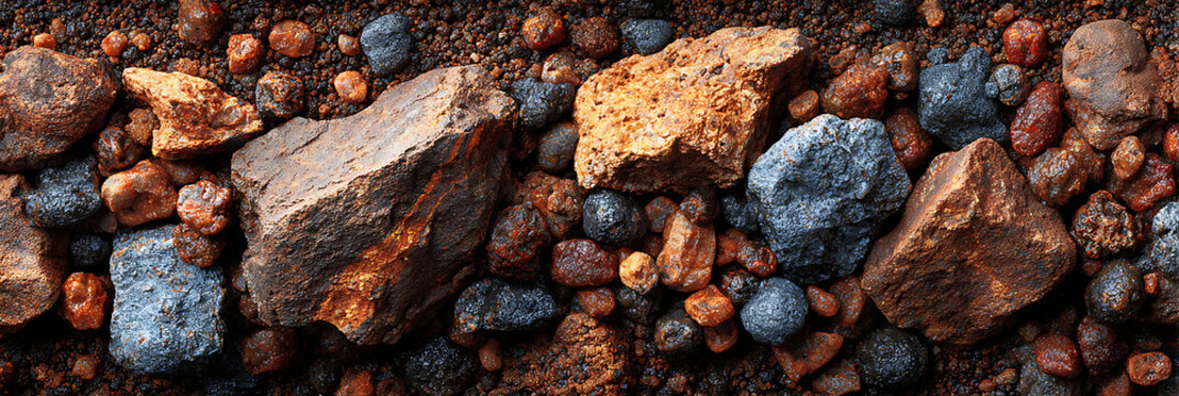 High-contrast macro texture of raw mineral ore, showcasing large, angular chunks of iron oxide and metallic hematite rocks mixed with coarse reddish-brown gravel.