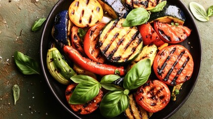 Grilled assorted vegetables in a dark bowl.