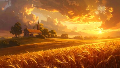 Fototapeta premium Golden Wheat Field at Sunset - A Serene Rural Landscape.