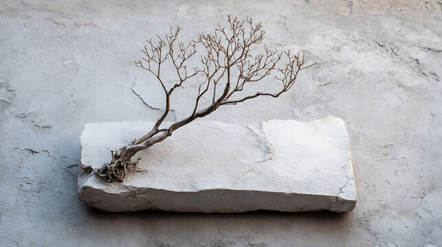 A stark, desiccated tree branch rests on a rough white stone pedestal against a textured gray wall, emphasizing minimalist decay and sculptural form.