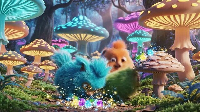 Three fluffy, colorful creatures blue green, orange smile in a glowing mushroom forest. Dreamy dusk