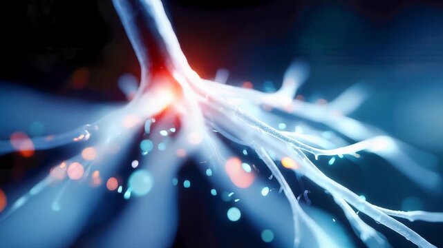 Abstract blue energy roots and glowing neural-like strands, futuristic tech background