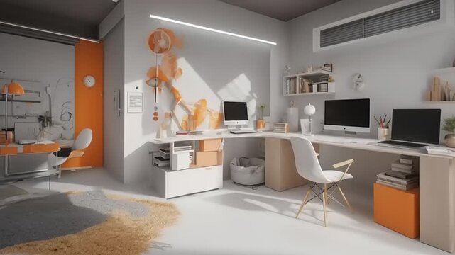 Modern Office Space with Orange Accents.
