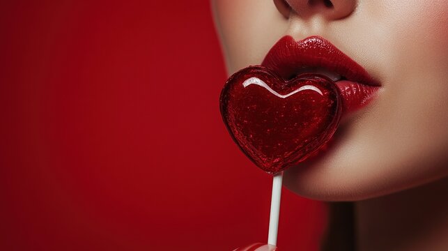 close-up of a woman's lips and a heart-shaped lollipop, against a red background, valentine's day concept, copy space