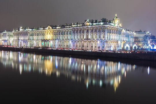 Hermitage (Winter Palace) and Neva river at night, Saint Petersburg, Russia