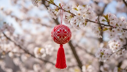 A vibrant red and white ornament hangs from a blooming cherry blossom tree branch on a sunny day