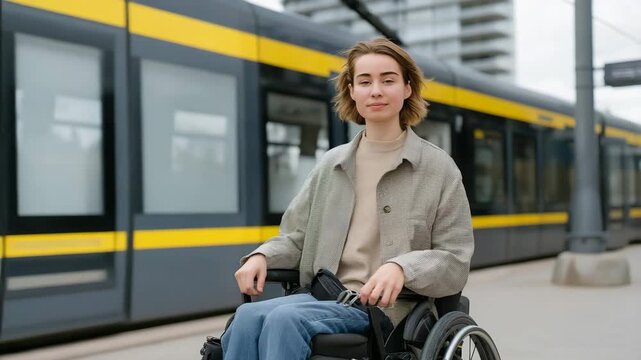 A wheelchair user using public transportation with low-floor access, representing inclusive urban design and mobility equity. cinematic color correction, natural uneven lighting yet gentle