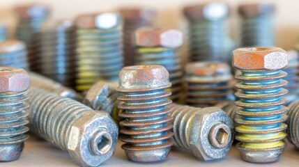 Close-up view of multiple threaded fasteners.