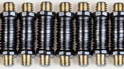 Close-up view of multiple threaded metal components.