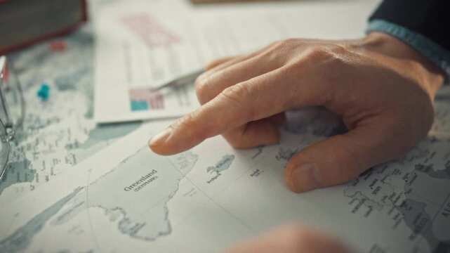 A government official points pointedly at a huge world map of Greenland among scattered documents, emphasizing the country's sovereignty and autonomy