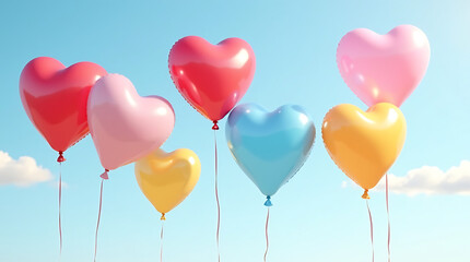 Colorful heart-shaped balloons floating in sky illustration