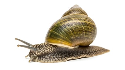 A close-up studio shot of a common garden snail with its spiral shell and extended body, isolated on a clean white background.