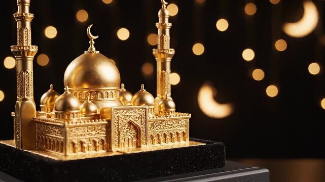 Golden miniature mosque model with crescent moon on a black base against a Ramadan background gradient with bokeh lights and crescent moons.