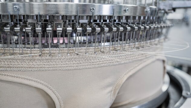 Close view of circular knitting machines creating seamless boyshort underwear focusing on mechanical needles working rhythmically to weave fine elastic fabric layers efficiently.