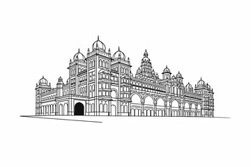 Obraz premium Mysore Palace Karnataka Line Art Illustration, Detailed Black and White Drawing of Famous Indian Royal Palace with Domes, Towers, Arches and Ornate Indo-Saracenic Architecture 