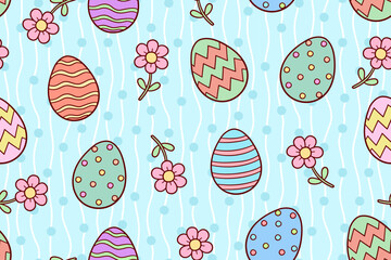 Colorful Easter eggs seamless pattern with hand drawn decorated eggs and spring flowers on light blue background