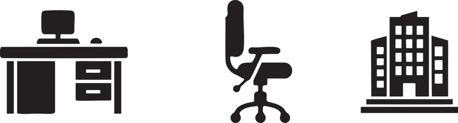 Office Desk Office Chair and Office Building Icons