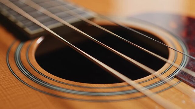Acoustic Guitar with Strings Focused In CloseUp View