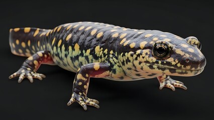 Obraz premium Close-up studio shot of a spotted salamander with yellow and black markings on a dark background.