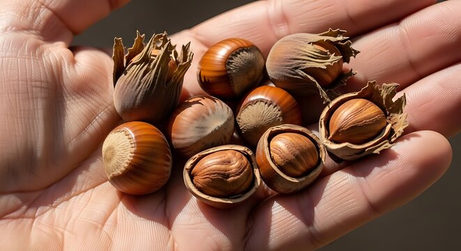 Hand holding hazelnuts