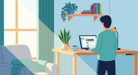 Fototapeta premium A man working on a laptop at a desk in a modern home office with a business presentation on the screen, surrounded by plants and books, viewed from behind, B (25).eps