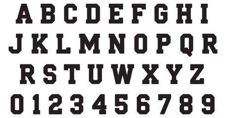 Fototapeta premium Varsity font vector alphabet, collegiate lettering set, bold athletic typography, sports logos, team apparel prints, school emblems, retro design projects, vector letters, creative graphic elements