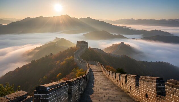 Majestic sunrise over the Great Wall of China snaking through lush green misty mountains, with golden sun rays illuminating the ancient structure, capturing China's historical grandeur and natural bea