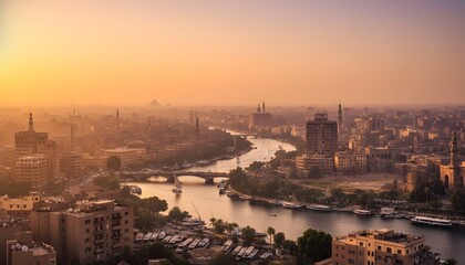 Fototapeta premium Breathtaking sunset over a winding river flanked by urban buildings and distant hills, with warm orange hues reflecting on water, evoking serene cityscapes in regions like India or Southeast Asia