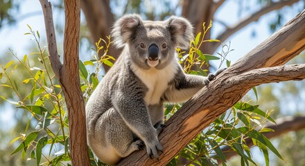 Fototapeta premium Koala resting on a eucalyptus tree branch, showing fluffy fur and round ears. An iconic marsupial native to Australia, known for its calm behavior and arboreal lifestyle.