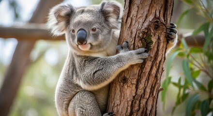 Fototapeta premium Koala resting on a eucalyptus tree branch, showing fluffy fur and round ears. An iconic marsupial native to Australia, known for its calm behavior and arboreal lifestyle.