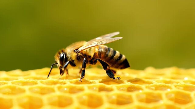 Close-up Macro Shot of a Honey Bee on a Honeycomb.