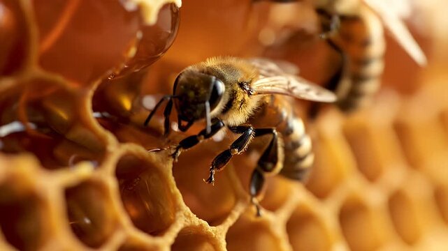 Close-up of a bee on a honeycomb, showcasing intricate details of natures architecture.