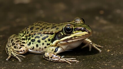 Fototapeta premium A close-up shot of a vibrant green and brown speckled frog with large eyes, sitting calmly on a dark, textured surface.