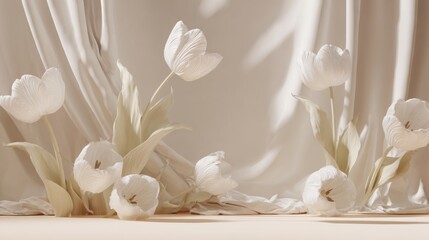 fashion inspired background with sculptural tulips styled like a runway set, neutral monochrome backdrop, soft directional light, luxury editorial