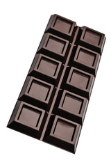 Obraz premium Dark chocolate bar with glossy square segments isolated, diagonal composition, clean product image for packaging, branding and advertising use.