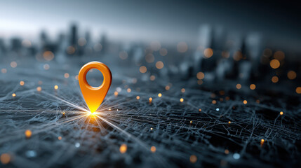 Glowing orange location pin over a city map with network lines, connectivity concept, abstract digital design, daylight ambiance