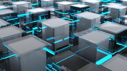 futuristic construction blocks arranged in precise grid formation, glowing blue and cyan accents, light silver background, high tech digital